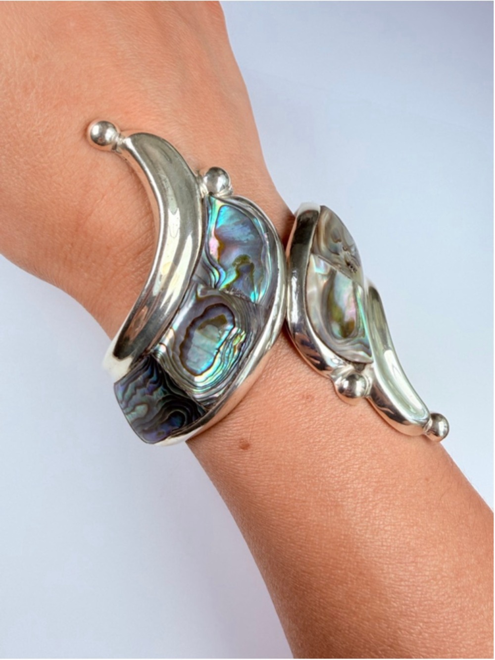 Taxco Massive Modernist Abalone Ornate Sterling Silver Clamper Cuff VTG Bracelet - Picture 6 of 13